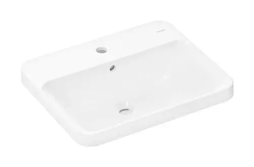 Weißer Waschtisch mit integriertem Überlauf und Hahnloch, hergestellt von Hansgrohe. Das Design ist schlicht und funktional, geeignet für moderne Badezimmer.